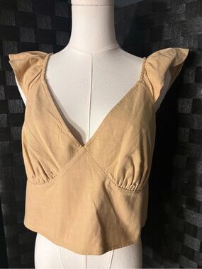 a new day Tan V-Neck Flutter Sleeve Crop Top